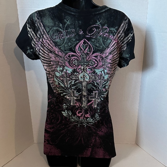 Angels and Diamonds Women's Black and Pink Graphic V-Neck Top medium - Picture 7 of 11